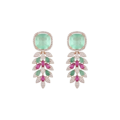 Rose gold American diamond leaf-vine necklace set with a mint-green square centre stone, ruby-pink accents and matching leaf-drop earrings on a grey display bust
