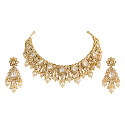 Gold-plated Kundan pearl choker necklace set with American diamond stones and matching pearl drop earrings for bridal, wedding, and festive wear.