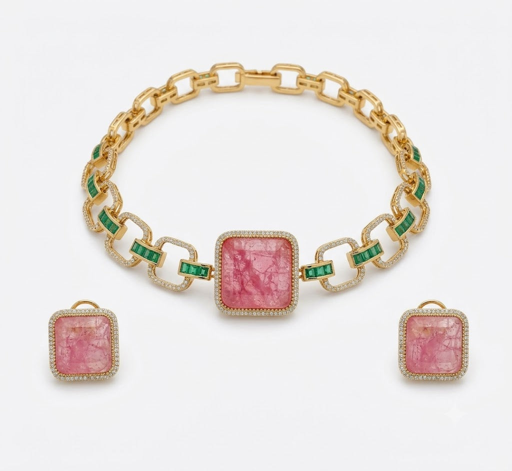 Gold plated choker necklace set with large square pink stone, green baguette stone links and matching pink stud earrings