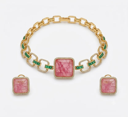 Gold plated choker necklace set with large square pink stone, green baguette stone links and matching pink stud earrings