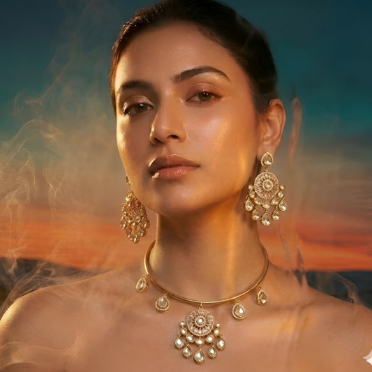 Gold Plated Kundan Choker Necklace Set with Crystal Drops & Matching Earrings for Women