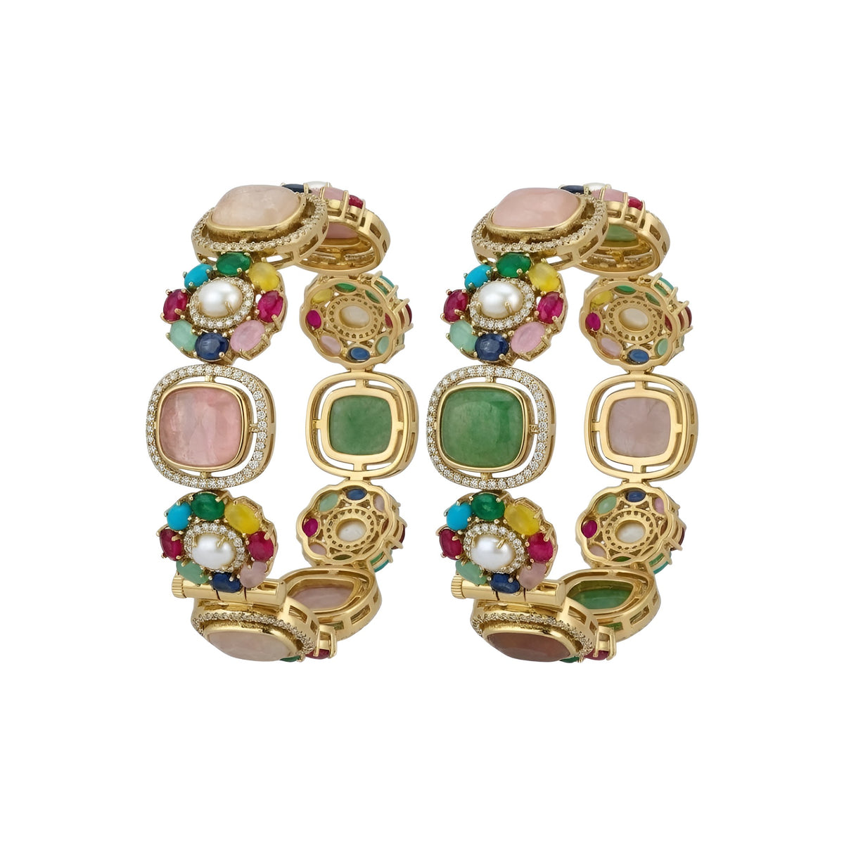 Pair of gold-finish openable kada bangles with pink and green cushion-cut stones, multicolour floral motifs, pearl-style centres, and American diamond frames