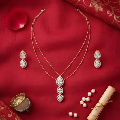 Layered American Diamond Necklace Set with Drop Pendant
