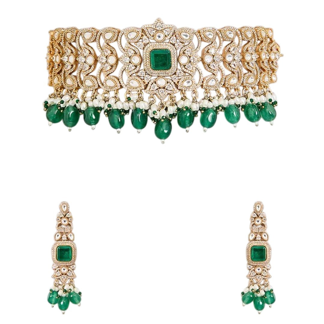 "Antique gold wide Kundan choker necklace with emerald and pearl bead drops, matching long drop earrings"