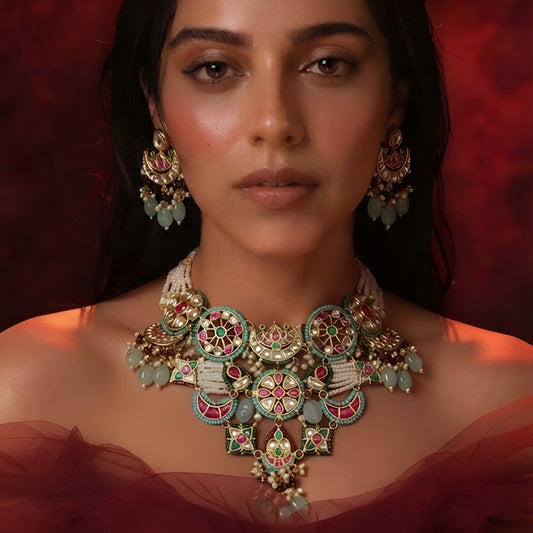 "Antique gold multicolor Kundan necklace and earring set with turquoise pink meenakari medallions, pearl tassel closure and mint bead drops, traditional jewellery on maroon backdrop"