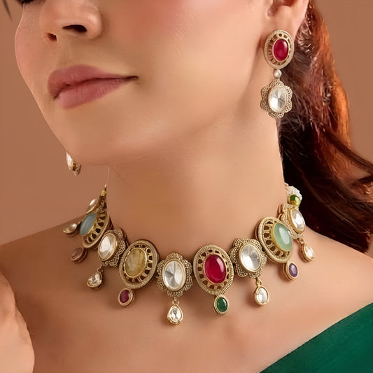 Antique gold plated Victorian multicolour kundan choker necklace set with oval stones, small drops and matching ruby drop earrings