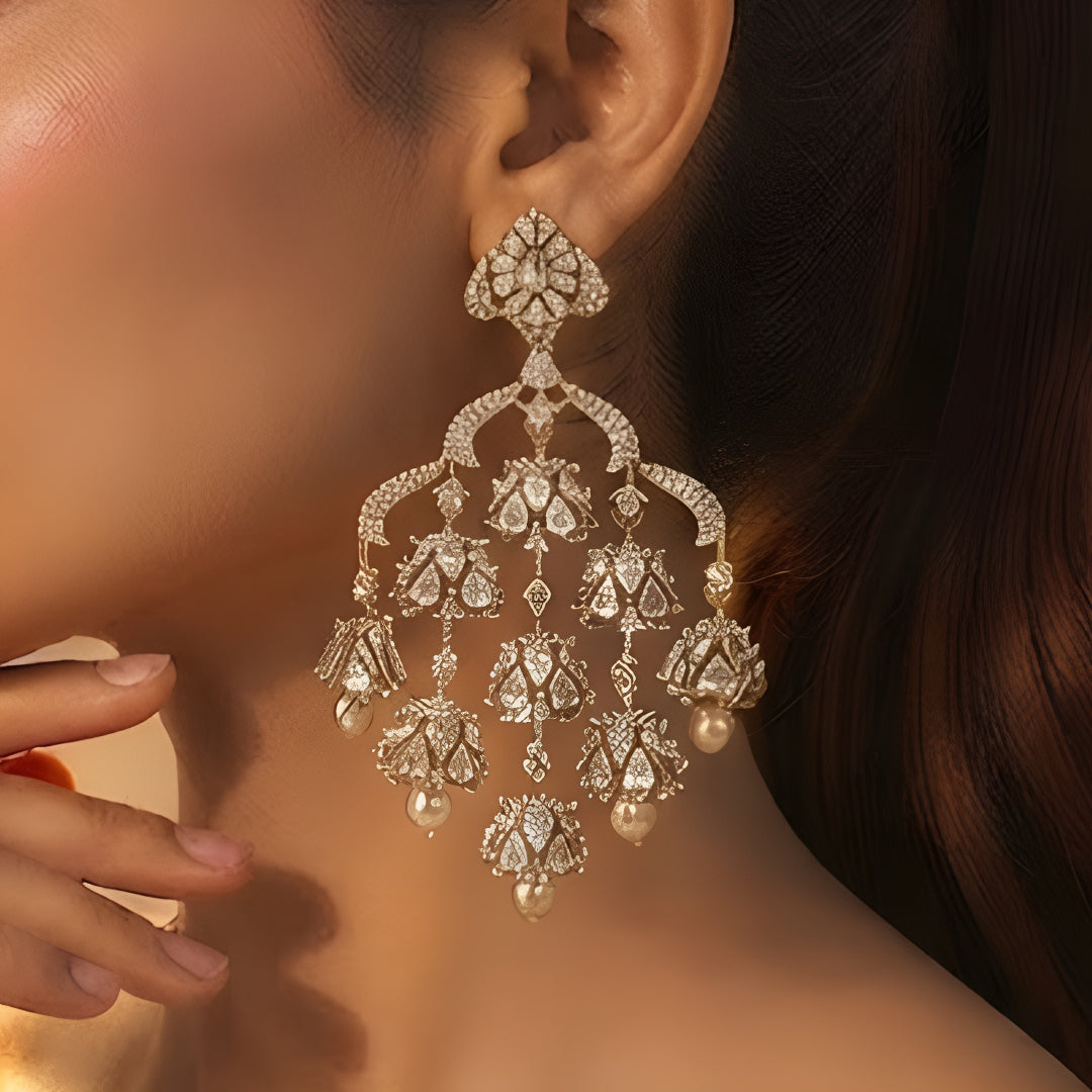Silver-Tone Multi-Tier Jhumka Earrings with Pearl Drops