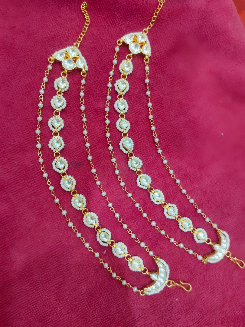 Kundan Pearl Hair Chain with Moon Clasp