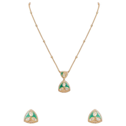 "Gold-tone triangular pendant necklace and earring set with green enamel detailing and marquise-cut clear crystal accents, on white background"