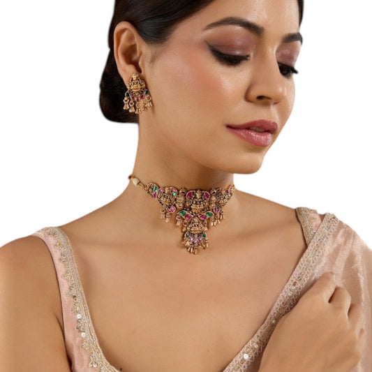 Antique Gold Temple Choker Necklace Set in Multicolor Kundan and Pearl Embellishments