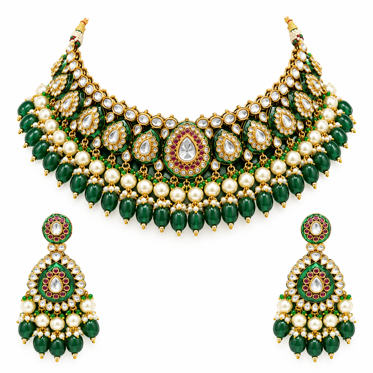 Gold-finish green meenakari kundan polki bridal choker necklace set with pearl and emerald bead drops and matching chandelier earrings
