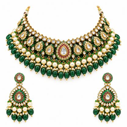 Gold-finish green meenakari kundan polki bridal choker necklace set with pearl and emerald bead drops and matching chandelier earrings