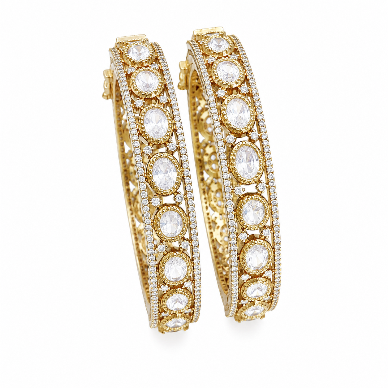 Kundan Polki  Studded Gold-Plated Bangle Set Bridal Openwork Bracelet Kada