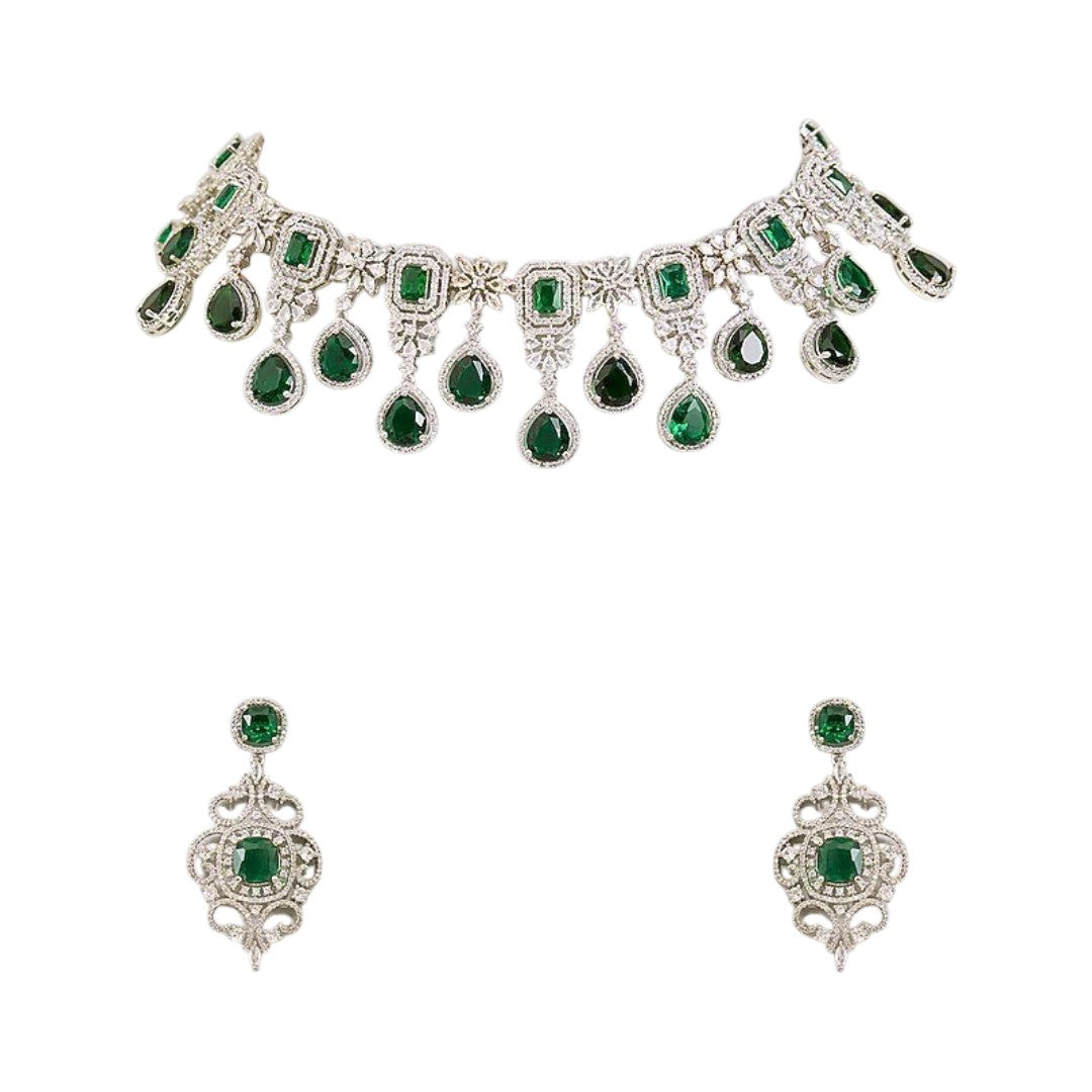 Silver finish American diamond choker necklace set with emerald green stones, pear drops, zircon flower motifs and matching scrollwork drop earrings – Auraa Trends