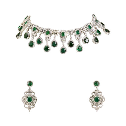 Silver finish American diamond choker necklace set with emerald green stones, pear drops, zircon flower motifs and matching scrollwork drop earrings – Auraa Trends
