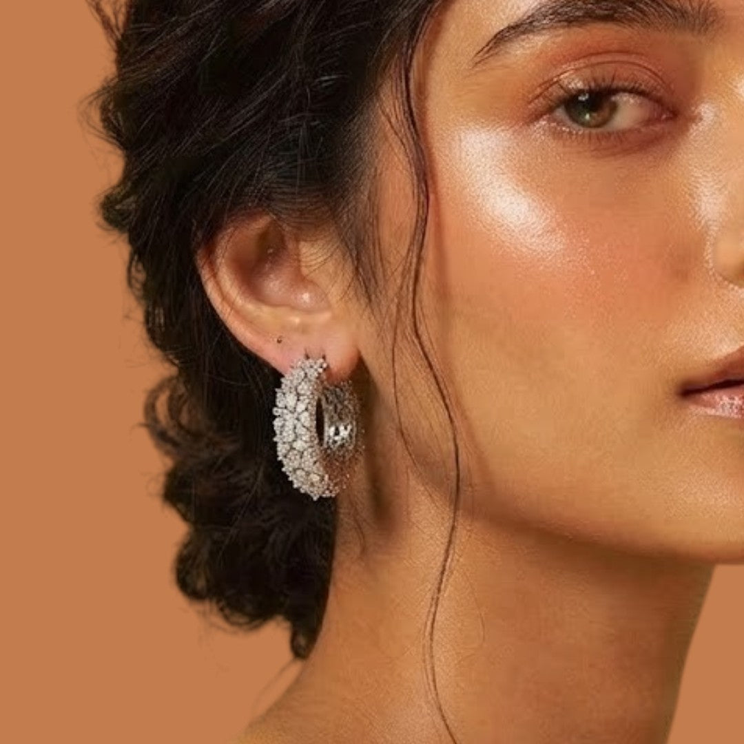 Rhodium-plated American diamond huggie hoop earrings with pear and marquise cut zircon stones and pavé edge