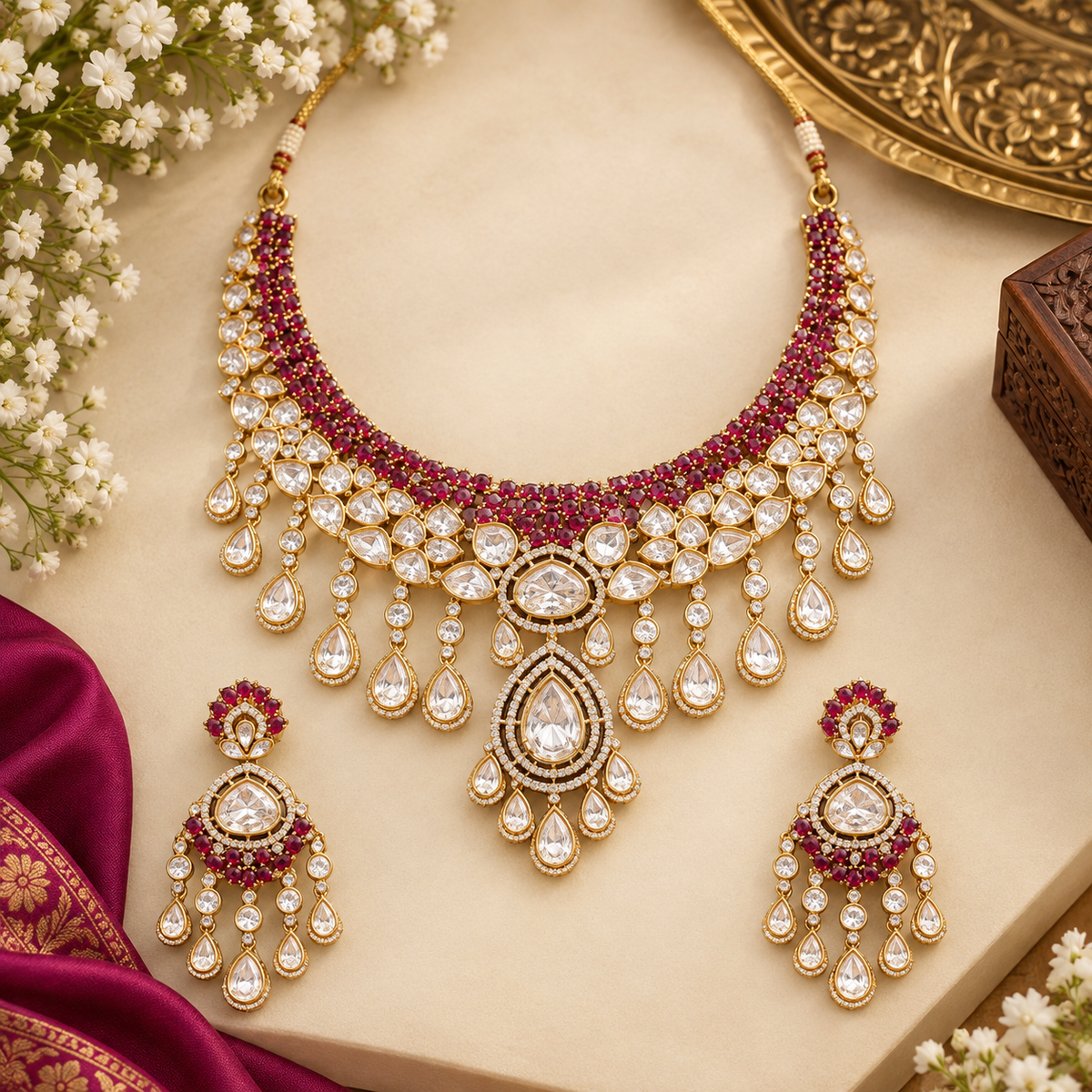 Gold kundan polki ruby red bridal choker necklace set with teardrop fringe and matching chandelier earrings by Auraa Trends