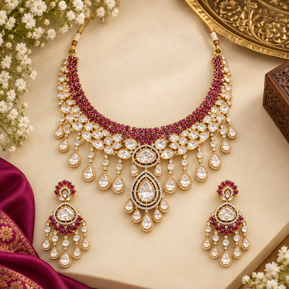 Gold kundan polki ruby red bridal choker necklace set with teardrop fringe and matching chandelier earrings by Auraa Trends