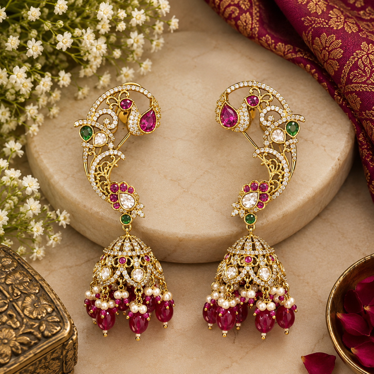 Gold plated ruby maroon ear cuff peacock jhumka earrings with American diamond stones, maroon beads and pearl hangings on a white background