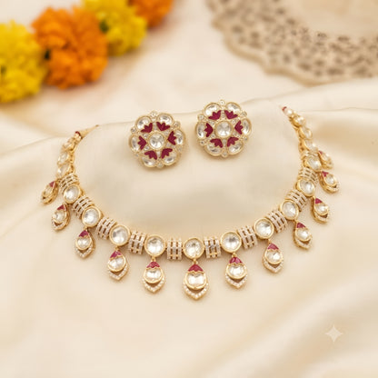 Pink Kundan Necklace Set with Floral Stud Earrings