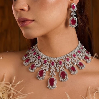 "Ruby red statement necklace and earrings set with white American diamond stones, silver-toned bridal jewelry set"