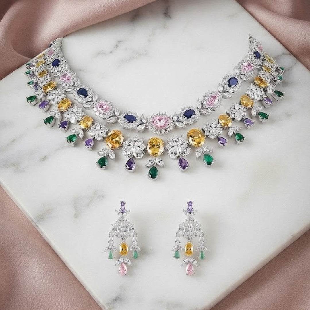 Luxury Multicolor American Diamond Choker Necklace Set with Earrings for Women Rhodium Plated Bridal Wedding Jewelry