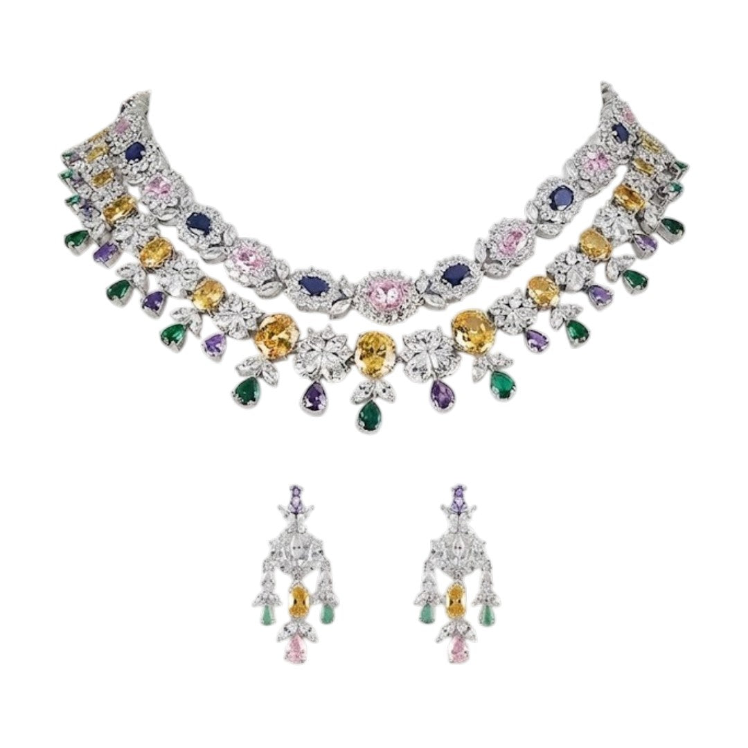Luxury Multicolor American Diamond Choker Necklace Set with Earrings for Women Rhodium Plated Bridal Wedding Jewelry
