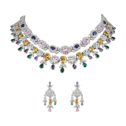 Luxury Multicolor American Diamond Choker Necklace Set with Earrings for Women Rhodium Plated Bridal Wedding Jewelry