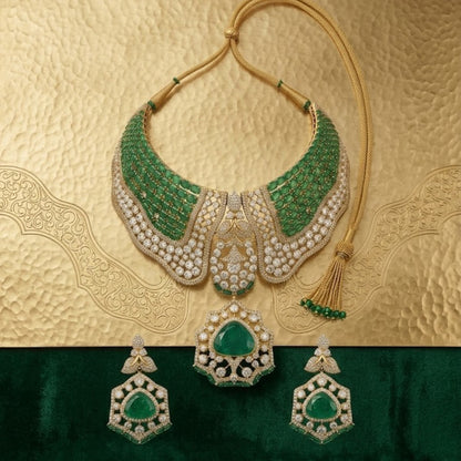Luxury emerald green bridal choker necklace set with American diamonds and matching earrings on golden textured background.