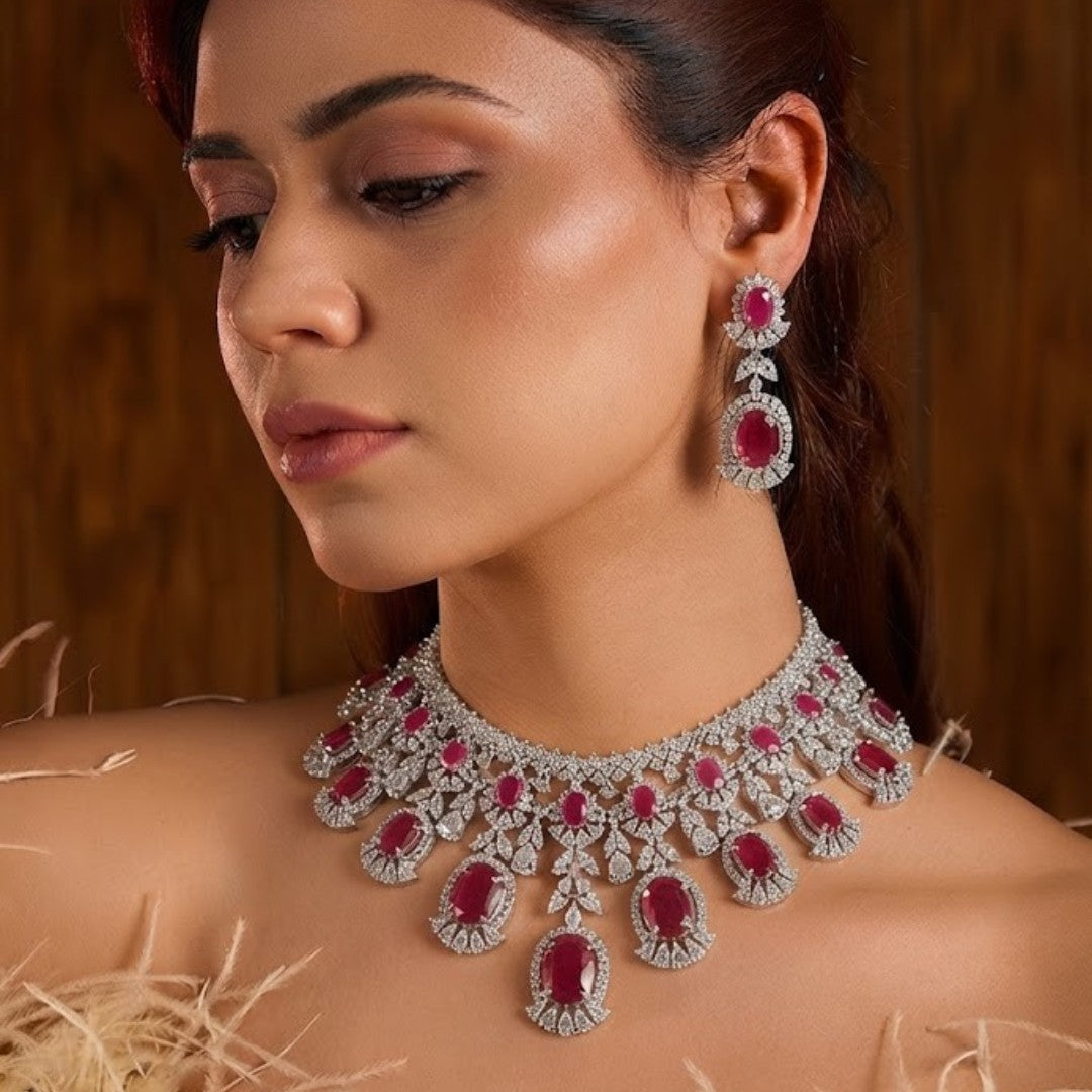 "Ruby red statement necklace and earrings set with white American diamond stones, silver-toned bridal jewelry set"