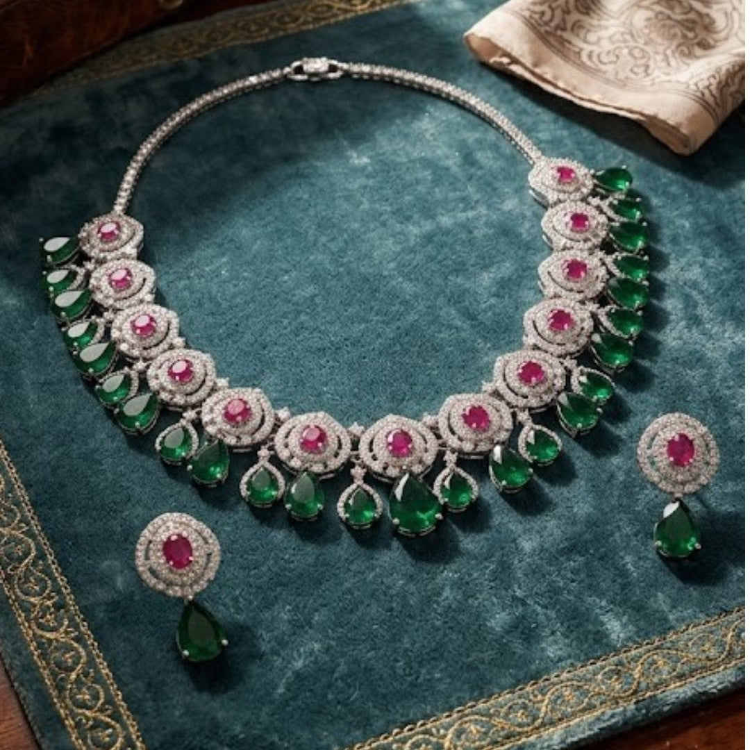 Luxury emerald green and ruby stone diamond-finish necklace set with matching earrings on white background.