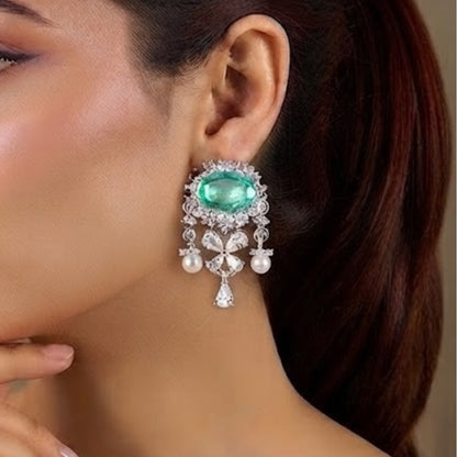 Emerald & American Diamond Studded Silver Pearl Drop Earrings
