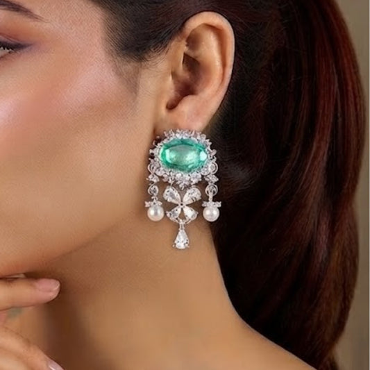 Emerald & American Diamond Studded Silver Pearl Drop Earrings