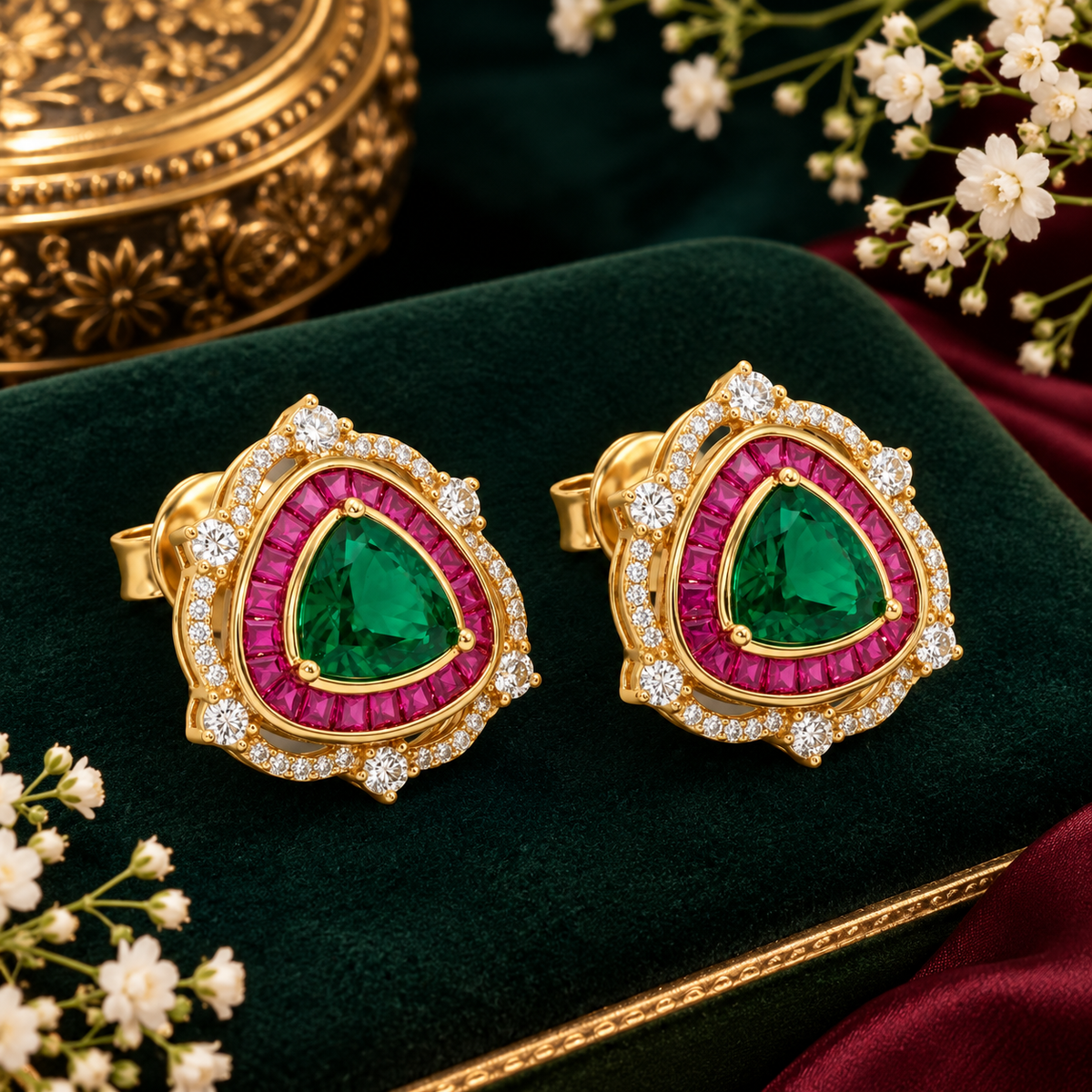 Pair of gold halo stud earrings with emerald-green triangle centre stones, ruby-pink baguette borders and zircon