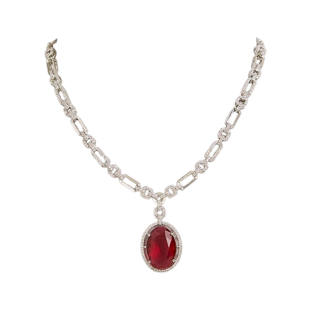 Silver plated American Diamond necklace set with ruby red oval pendant and matching drop earrings