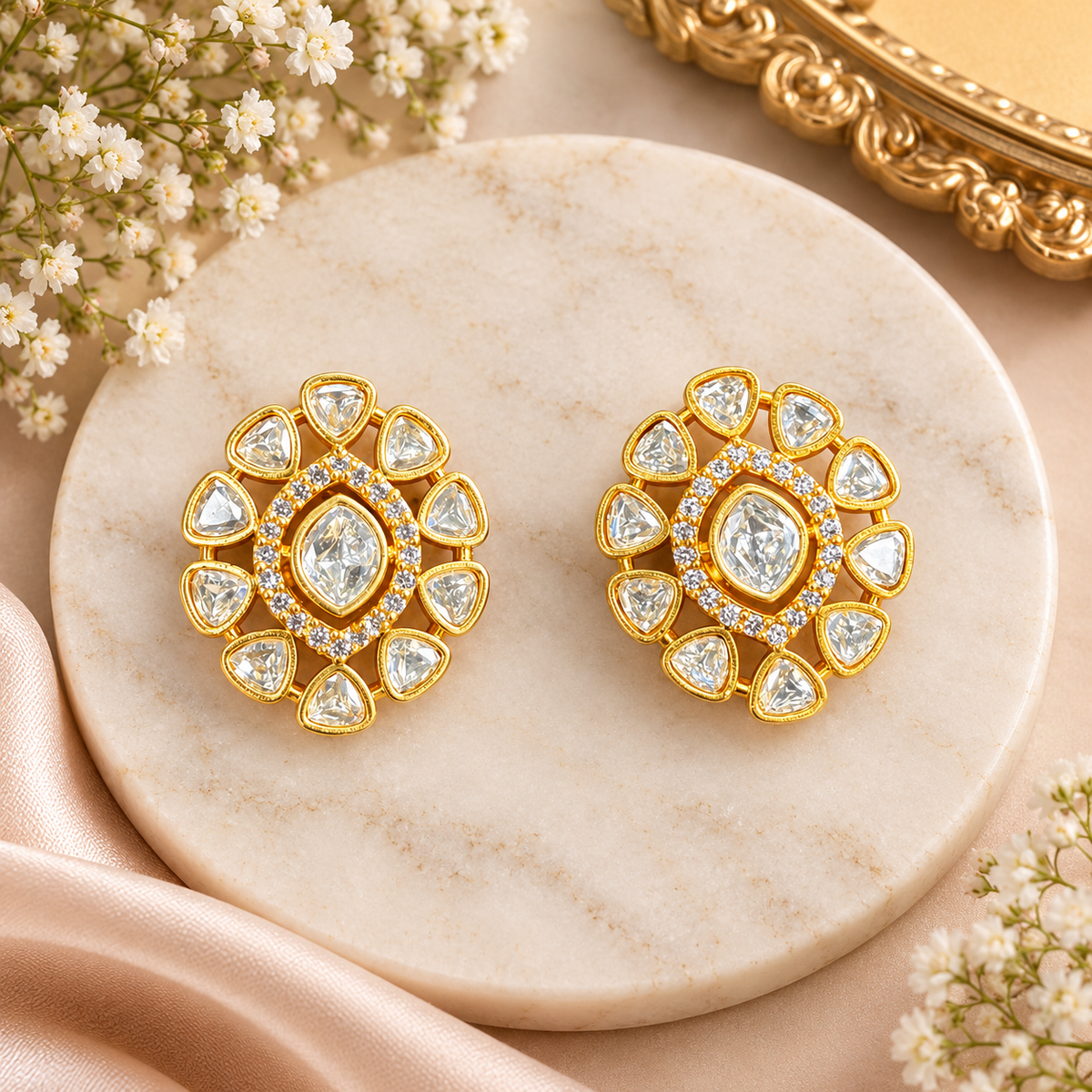 Pair of gold finish kundan polki stud earrings with clear centre stone and zircon halo