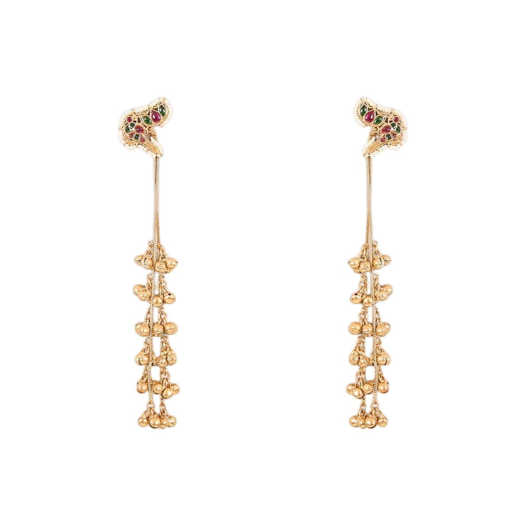 Antique gold kundan floral long earrings with red and green stone accents and layered ghungroo bead drops