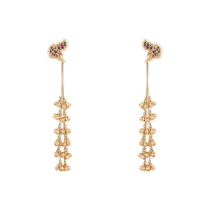 Antique gold kundan floral long earrings with red and green stone accents and layered ghungroo bead drops