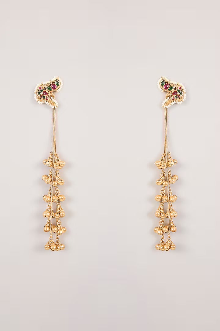 Antique gold kundan floral long earrings with red and green stone accents and layered ghungroo bead drops