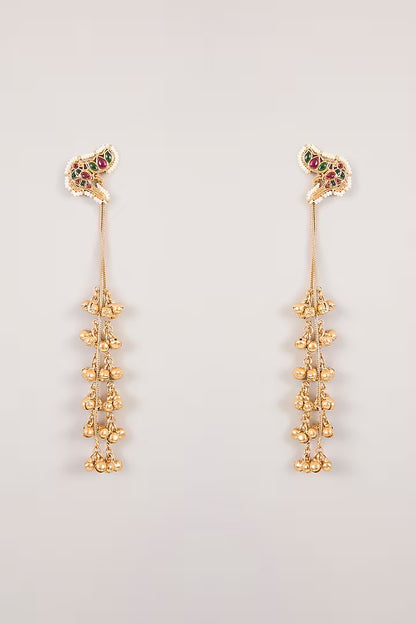 Antique gold kundan floral long earrings with red and green stone accents and layered ghungroo bead drops