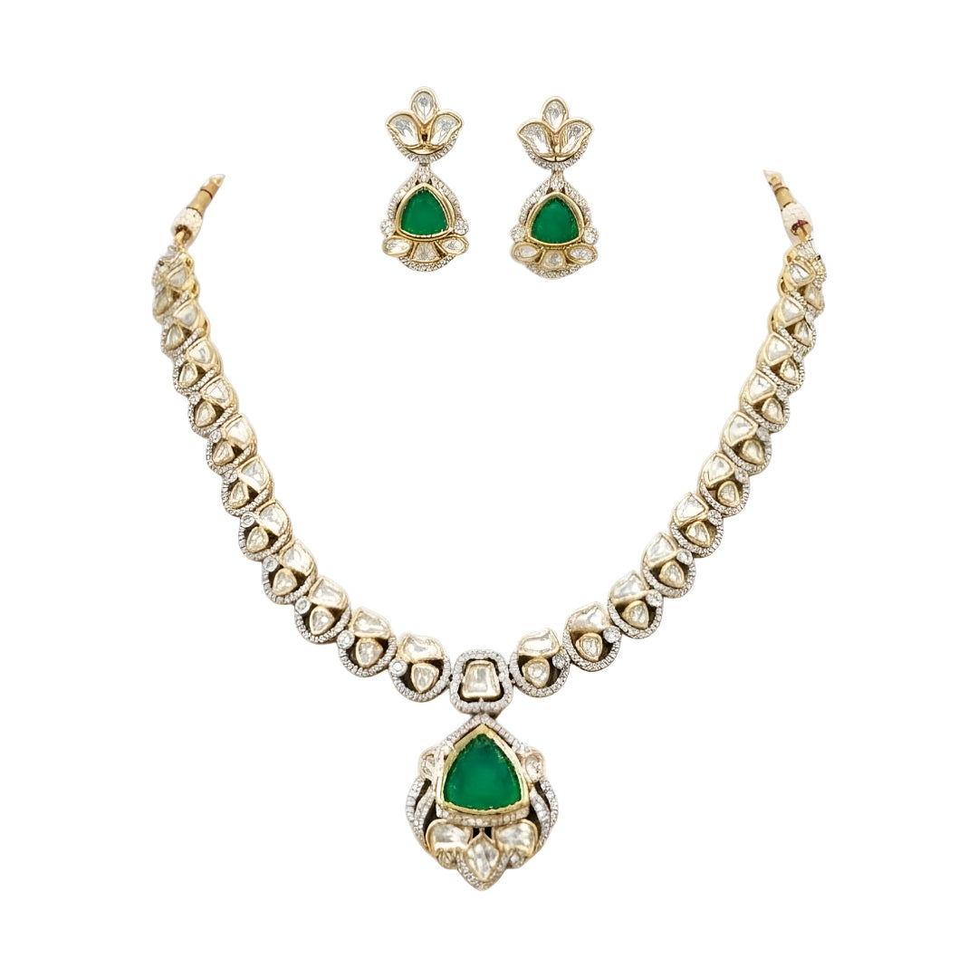 Green kundan pendant necklace set with emerald triangular stone, kundan petals and matching drop earrings