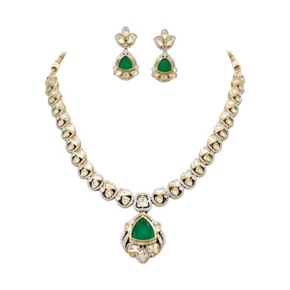 Green kundan pendant necklace set with emerald triangular stone, kundan petals and matching drop earrings
