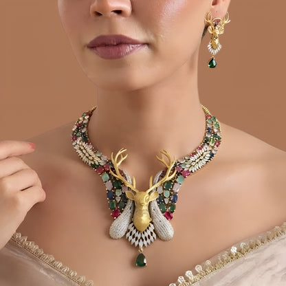 Antique Gold Stag Head Statement Necklace Set