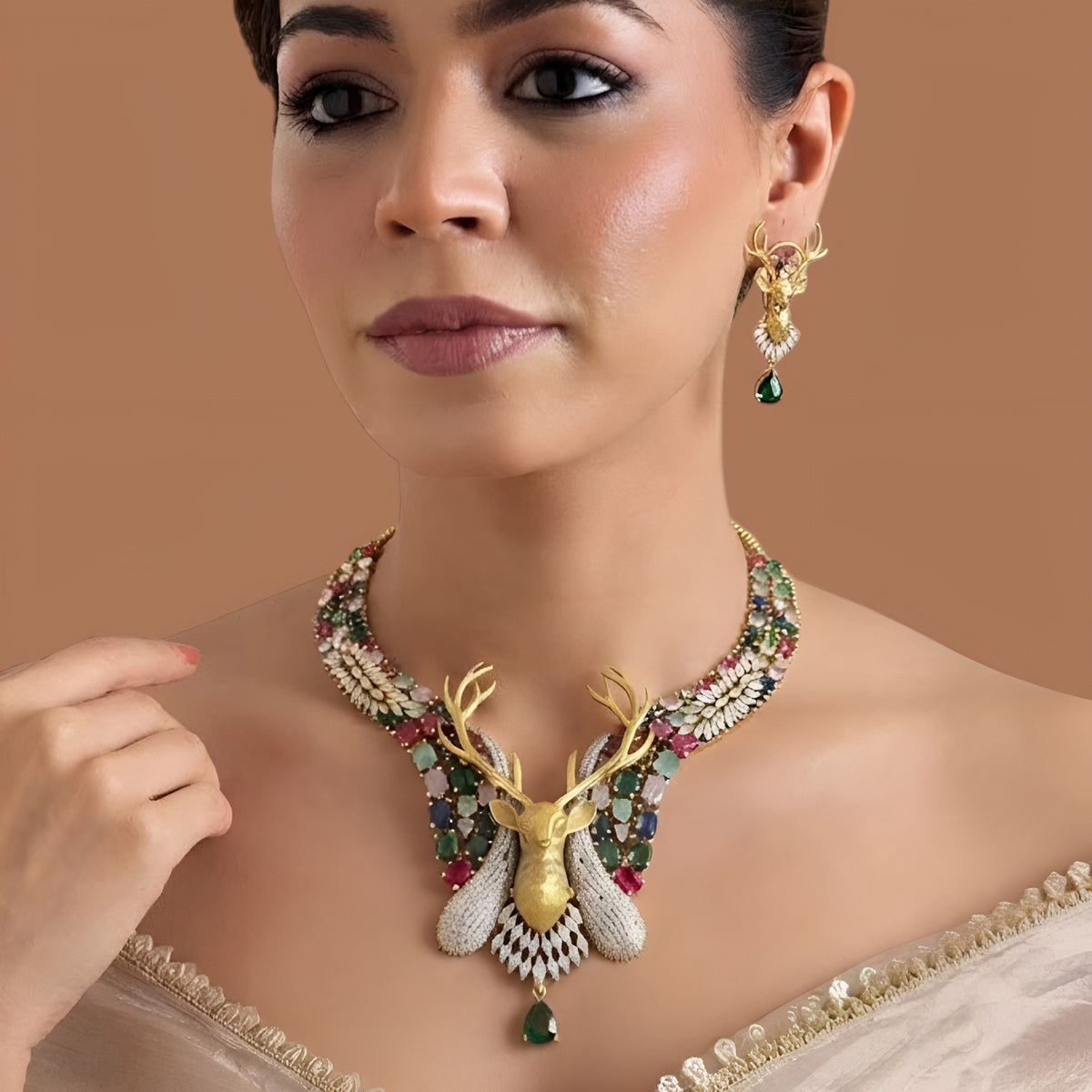 Antique Gold Stag Head Statement Necklace Set