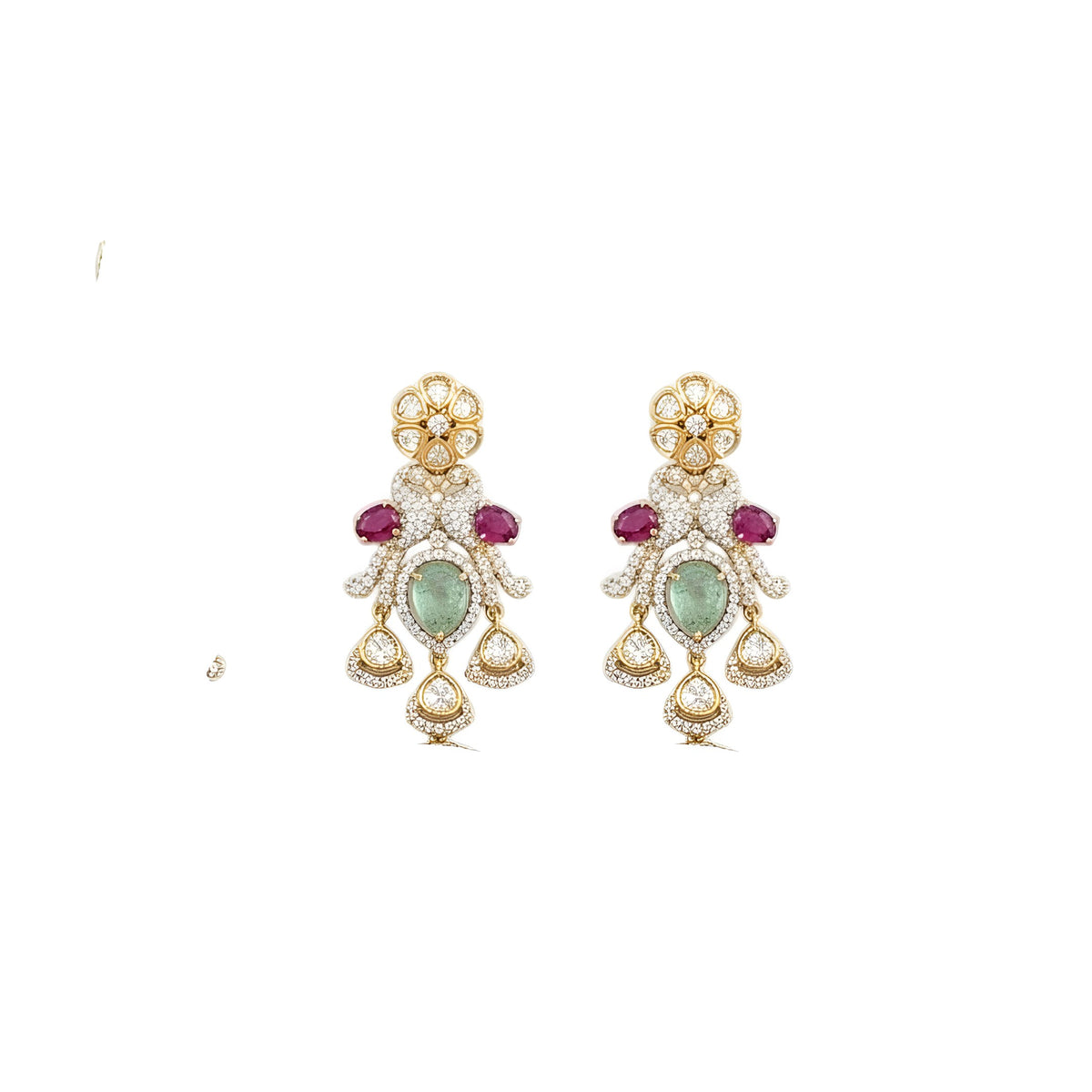 Gold-finish peacock pendant necklace set with ruby-pink stones, carved green drop and matching earrings by Auraa Trends