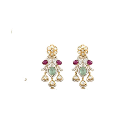 Gold-finish peacock pendant necklace set with ruby-pink stones, carved green drop and matching earrings by Auraa Trends