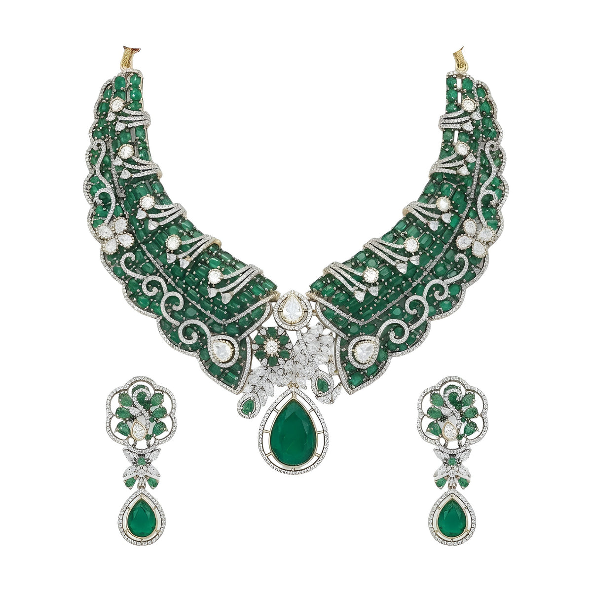 Gold plated emerald green Victorian bridal choker necklace set with American diamond scrollwork, green pear drop pendant and matching earrings