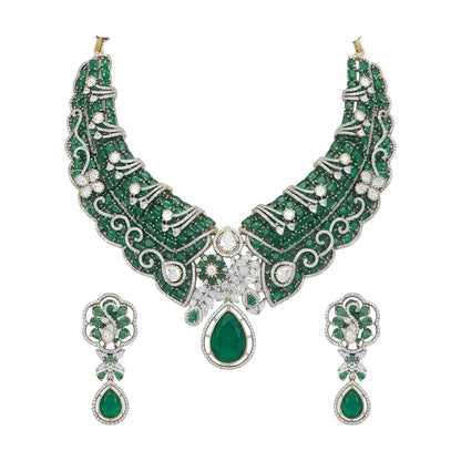 Gold plated emerald green Victorian bridal choker necklace set with American diamond scrollwork, green pear drop pendant and matching earrings