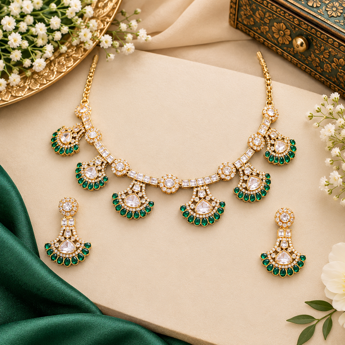 Gold kundan polki choker necklace set with emerald green fan drops and matching earrings by Auraa Trends