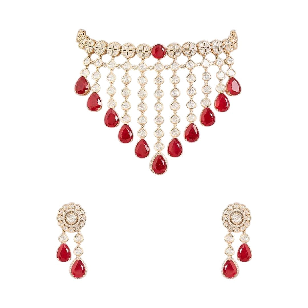 Gold finish ruby red kundan choker necklace set with cascading polki-style strands, ruby pear drops and matching drop earrings – Auraa Trends